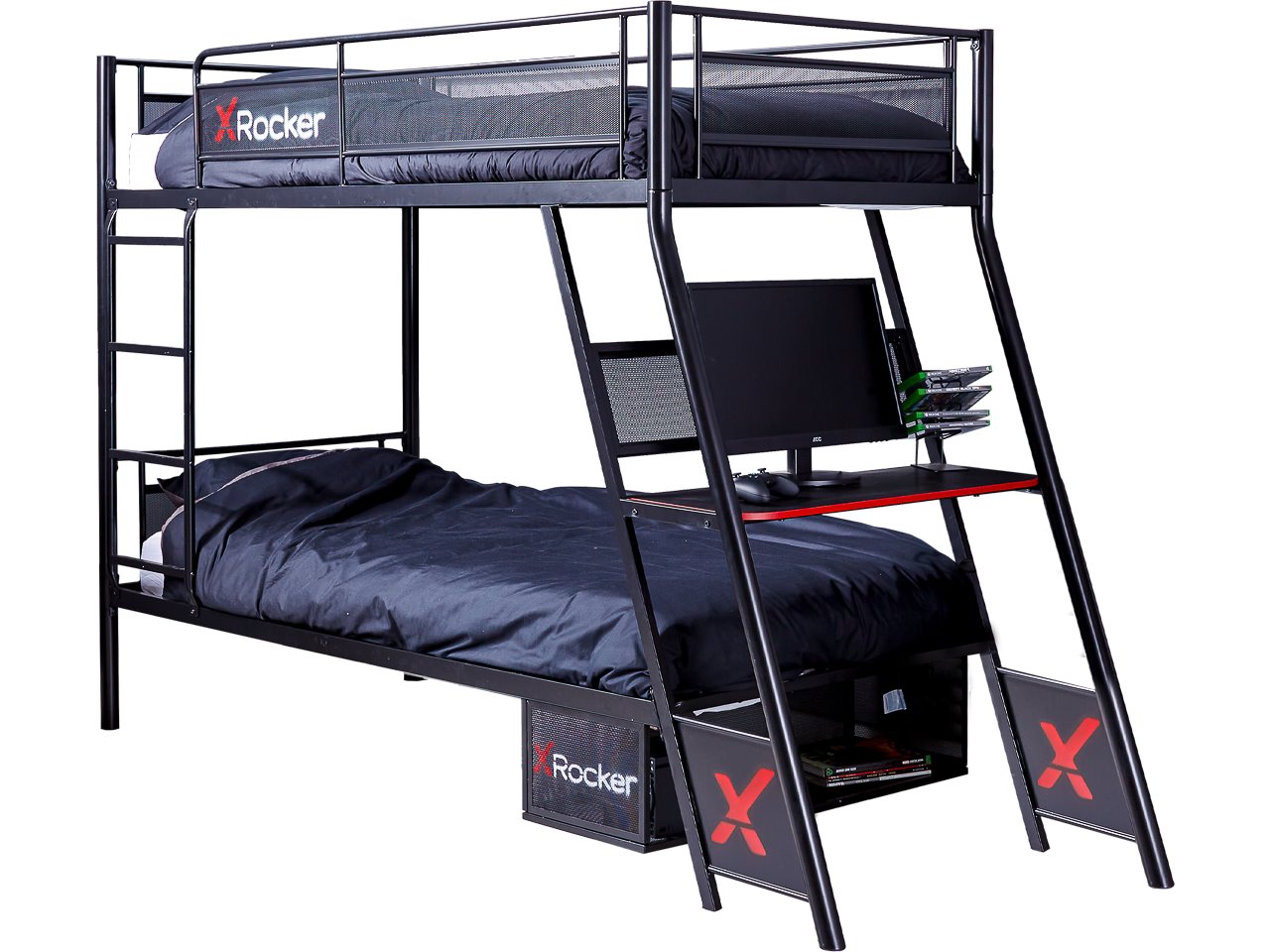 XROCKER Armada 2-Personen Gaming Etagenbett mit Treppe & Schreibtisch 2021110 90x190cm schwarz