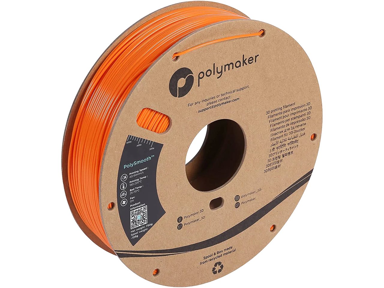 PVB 1,75mm ORANGE 0,75kg POLYMAKER POLYSMOOTH 3D FILAMENT