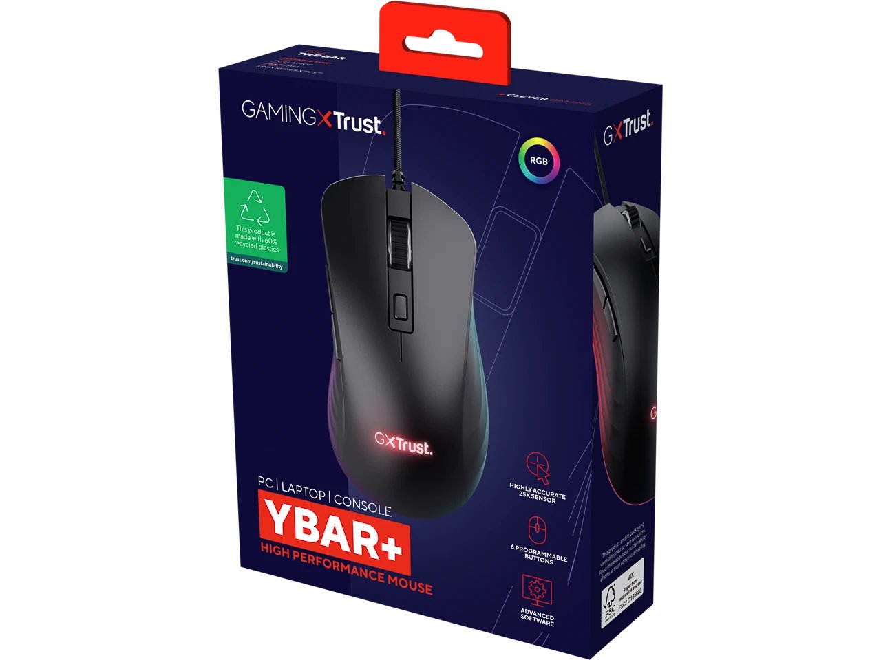 TRUST GXT924 YBAR+ GAMING MAUS SCHWARZ 24890 6Tasten Kabel rechts