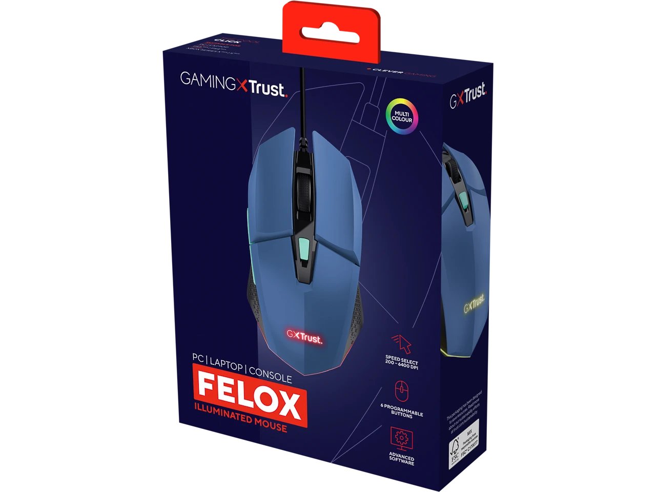 TRUST GXT109B FELOX GAMING MAUS BLAU 25067 6Tasten USB 6400dpi Kabel